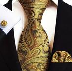 Handgeweven stropdas pochet manchetknopen Goud Paisley NIEUW, Nieuw, Met patroon, Ophalen of Verzenden, Overige kleuren