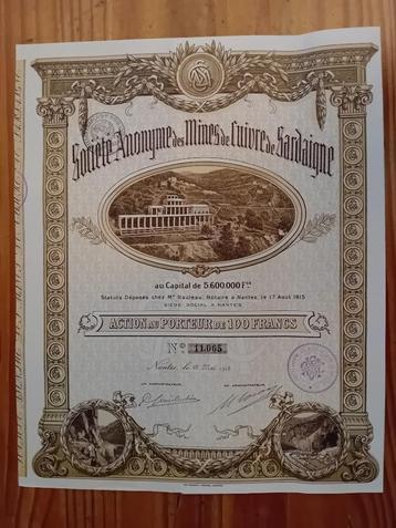 Aandeel SA des Mines de Cuivre de Sardaigne - 1918 - beauty beschikbaar voor biedingen