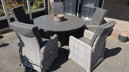 Graniet tuintafel + 5 verstelbare stoelen, Tuin en Terras, Tuintafels, Zo goed als nieuw, Rond, Overige materialen, Ophalen