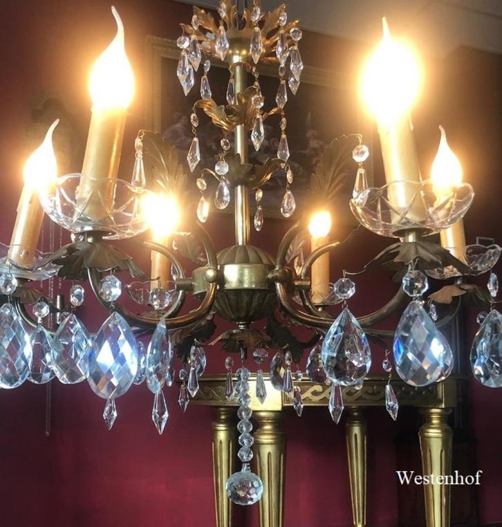 Kristallen pegels kroonluchter/ hanglamp antiek 6 kandelaars, Huis en Inrichting, Lampen | Kroonluchters, Overige materialen, Ophalen of Verzenden