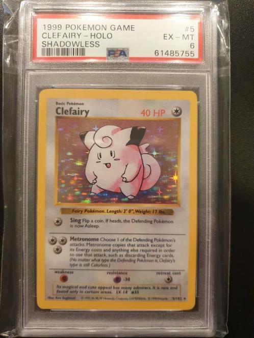 Shadowless clefairy 5/102 PSA 6, Hobby en Vrije tijd, Verzamelkaartspellen | Pokémon, Zo goed als nieuw, Losse kaart, Foil, Ophalen of Verzenden