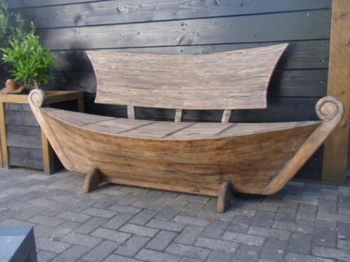 Zware teakhouten bootbank (sieraad) smeedijzeren takkenbank, Tuin en Terras, Tuinbanken, Gebruikt, Teakhout, Ophalen