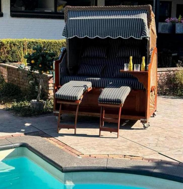 Tweepersoons Strandkorf Hout Bruin Verstelbaar, Tuin en Terras, Tuinbanken, Gebruikt, Hout, Ophalen