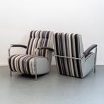 2x Leolux Scylla - Hoge Rug grijs/wit/zwart gestreepte stof, Huis en Inrichting, Fauteuils, Niet ingevuld, Niet ingevuld, Leer