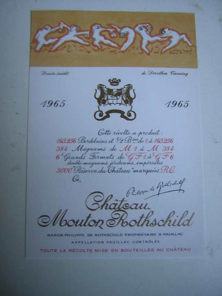 Origineel Chateau Mouton Rothschild Wijn Etiket 1965, Verzamelen, Wijnen, Nieuw, Rode wijn, Frankrijk, Ophalen of Verzenden
