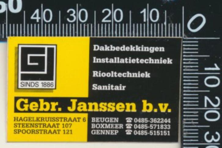 Sticker: Gebroeders Janssen - Beugen - Boxmeer - Gennep, Verzamelen, Stickers, Zo goed als nieuw, Bedrijf of Vereniging, Ophalen of Verzenden