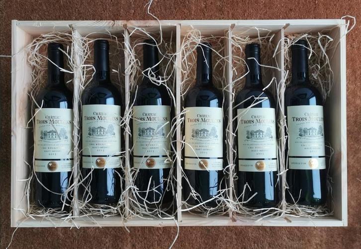 Chateau Trois Moulins Cru Bourgeois 2015 hout kist 6 flessen, Verzamelen, Wijnen, Nieuw, Rode wijn, Frankrijk, Ophalen of Verzenden