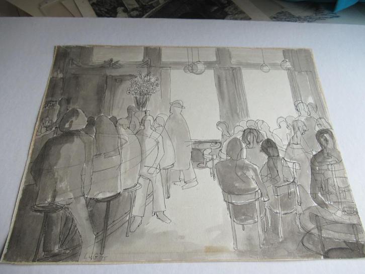 Cafe drukte, Antiek en Kunst, Kunst | Litho's en Zeefdrukken, Ophalen of Verzenden
