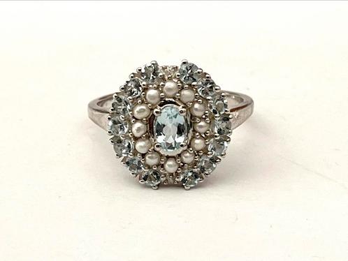 Vintage ring zilver aquamarijn zaadparel, Sieraden, Tassen en Uiterlijk, Kettingen, Zo goed als nieuw, Zilver, Blauw, Met edelsteen