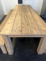 Robuuste tafel met 2 banken – steigerhout, industrieel, Huis en Inrichting, Tafels | Eettafels, Ophalen, Gebruikt, 100 tot 150 cm