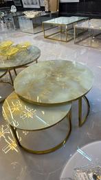 Marmerlook Glazen Ronde Salontafel- Set van 2-Goud -Ø80/Ø60, Minder dan 50 cm, 50 tot 75 cm, Rond, Nieuw
