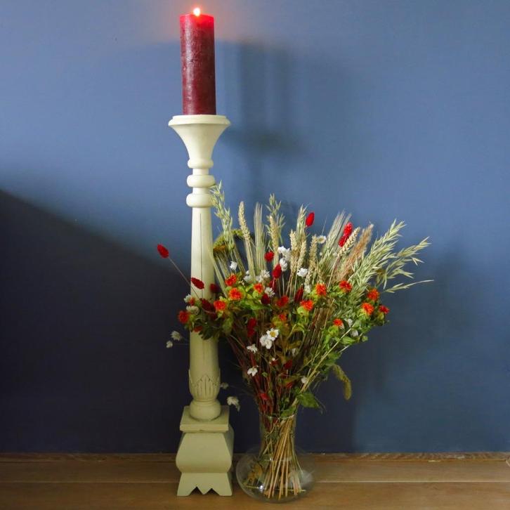 Brocante houten kandelaar, Huis en Inrichting, Woonaccessoires | Kandelaars en Kaarsen, Gebruikt, Minder dan 25 cm, Hout, Crème