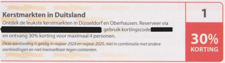 Kerstmarkten in Duitsland 30% korting. Postcodeloterij bon 1, Tickets en Kaartjes, Kortingen en Cadeaubonnen, Drie personen of meer