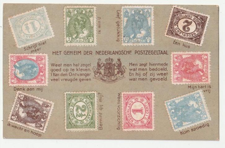 Het geheim der Nederlansche postzegeltaal ansichtkaart, Verzamelen, Ansichtkaarten | Themakaarten, Ongelopen, Voor 1920, Overige thema's