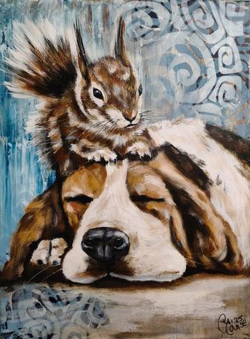 Schilderij hond en eekhoorn  beschikbaar voor biedingen