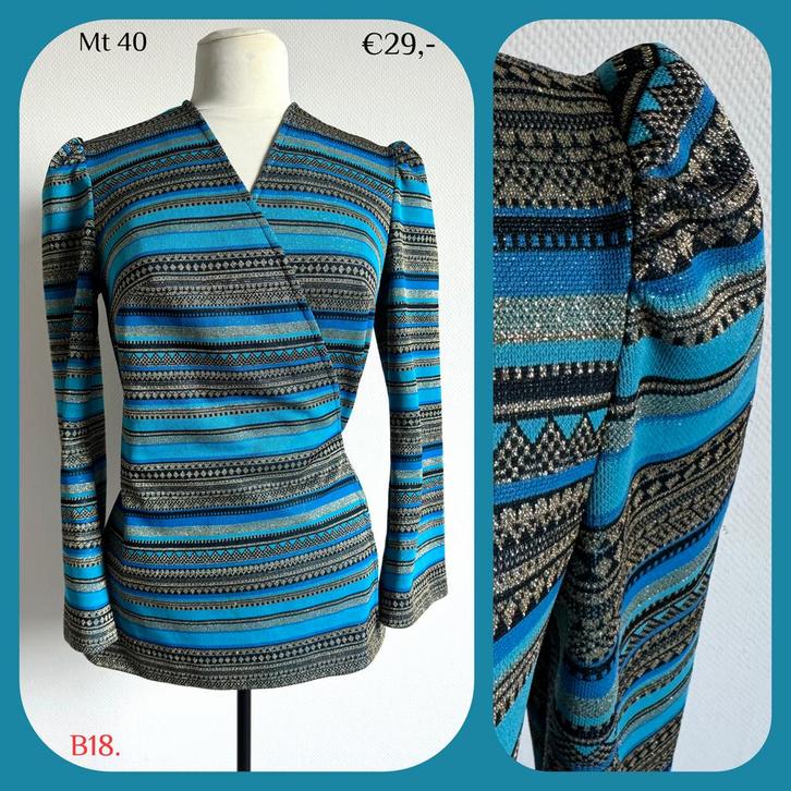 B18. Vintage overslag feest blouse mt 40, Kleding | Dames, Blouses en Tunieken, Gedragen, Maat 38/40 (M), Blauw, Verzenden