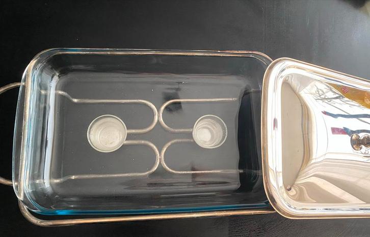 rechaud met verzilverd deksel en onderstel glazen ovenschaal, Huis en Inrichting, Keuken | Keukenbenodigdheden, Gebruikt, Ophalen