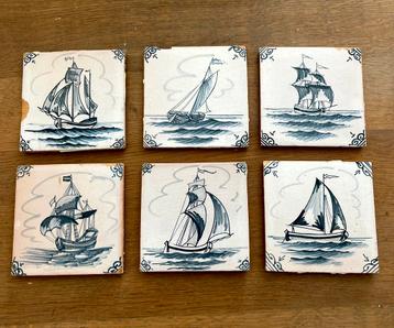 6x Antieke tegels “Tall Ships & zeilboten” | Delfts Blauw |  beschikbaar voor biedingen