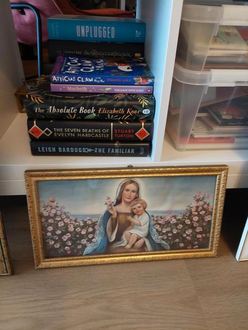 Oud maria schilderij met Jezus en roze rozen in gouden lijst, Antiek en Kunst, Kunst | Schilderijen | Klassiek, Ophalen