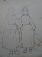 tekening Volendamse meisjes in dracht, schepen, 1910, Antiek en Kunst, Verzenden