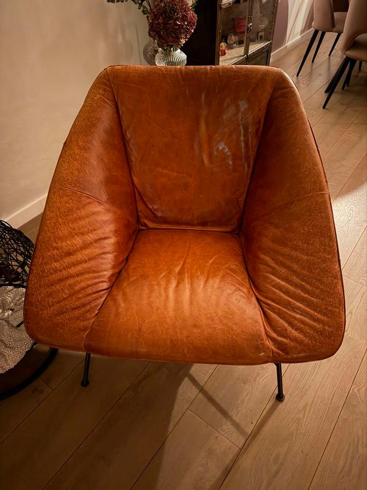 Cognac leren stoel, Huis en Inrichting, Fauteuils, Gebruikt, Leer, 50 tot 75 cm, 75 tot 100 cm, Ophalen
