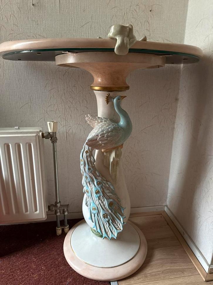 Haltafel met pauw decoratie, Huis en Inrichting, Tafels | Bijzettafels, Gebruikt, Ovaal, 45 tot 60 cm, Minder dan 55 cm, Overige materialen