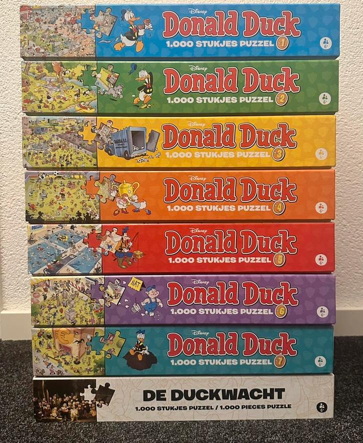 Complete serie Disney Donald Duck puzzels 8x1000 stuks ZGAN, Hobby en Vrije tijd, Denksport en Puzzels, Zo goed als nieuw, Legpuzzel