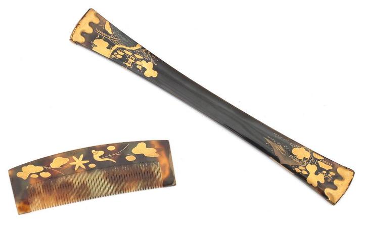 Japanse schildpad Kogai en Koshi haarpen en kam circa 1880, Sieraden, Tassen en Uiterlijk, Antieke sieraden, Overige typen, Overige materialen