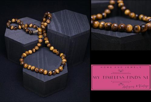 Lange vintage tijgeroog ketting met vat sluiting - K3FLH-P6Z, Sieraden, Tassen en Uiterlijk, Kettingen, Zo goed als nieuw, Steen of Mineraal