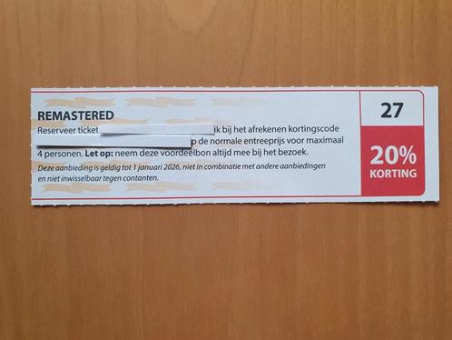 REMASTERED 20% korting maximaal 4 personen, Tickets en Kaartjes, Musea, Drie personen of meer, Kortingskaart