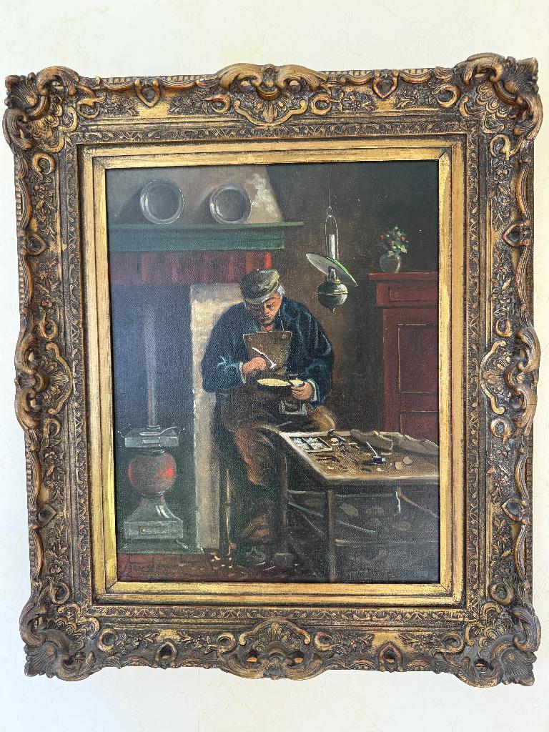 Klassiek olieverf J. Brocken - Schoenlapper 1977, Ophalen of Verzenden