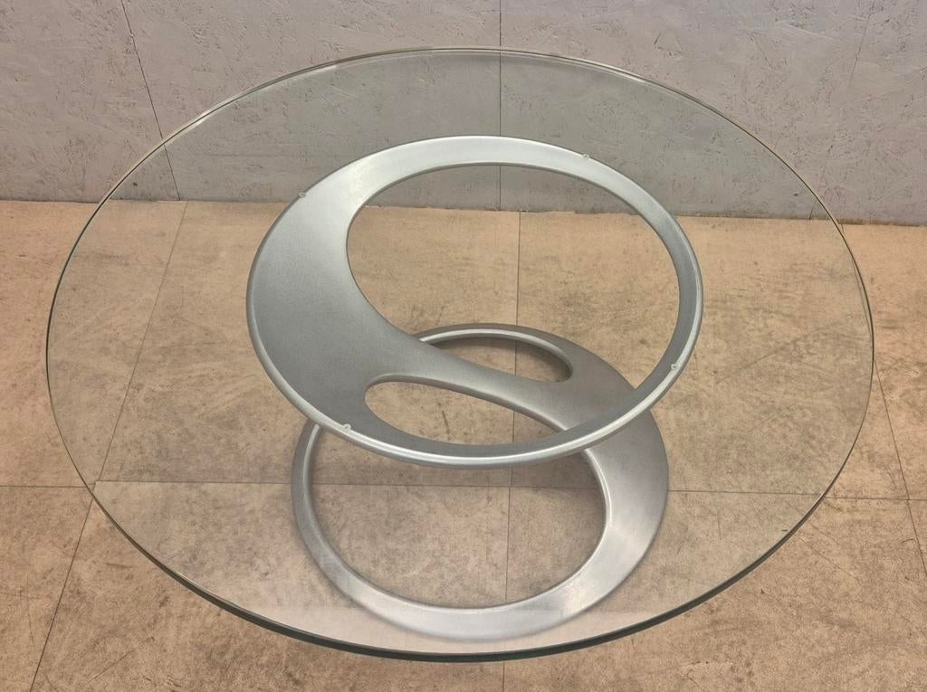 Vintage Knut Hesterberg salontafel glas alu space age Ø99, Gebruikt, 50 tot 100 cm, Rond, 50 tot 100 cm