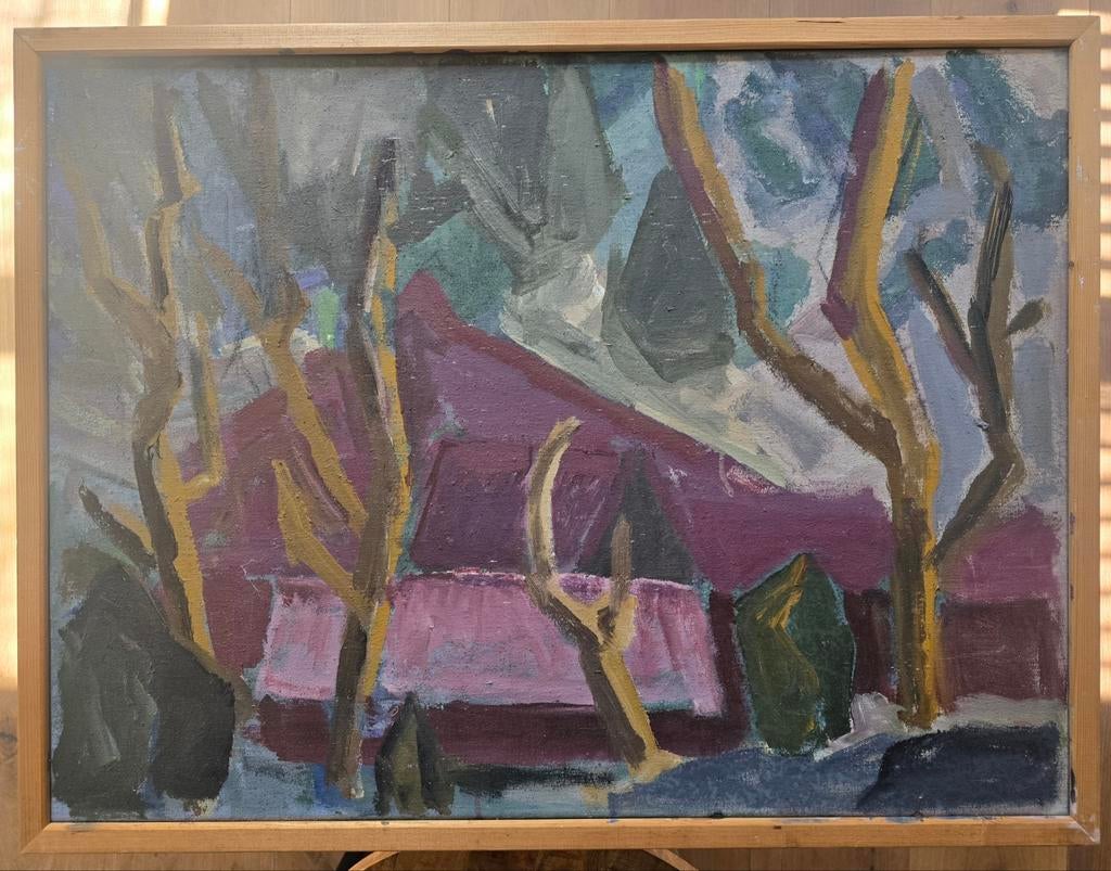Groot schilderij P.C. Kuiper - Landschap met huis en bomen, Ophalen of Verzenden