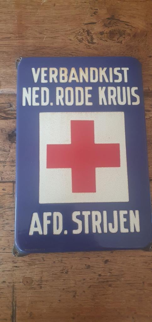 Origineel emaille bord verbandkist rode kruis afd Strijen, Ophalen of Verzenden, Gebruikt, Reclamebord