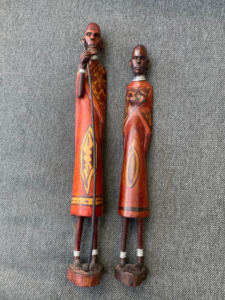 Houten Afrikaanse Beelden - Man en Vrouw, Ophalen of Verzenden, Handgemaakt, 20 - 50 cm, Beeld