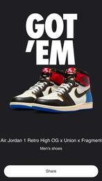 Nike jordan 1 high union x fragment maat 44 ds met doos, Kleding | Heren, Schoenen, Ophalen of Verzenden, Zo goed als nieuw, Overige kleuren