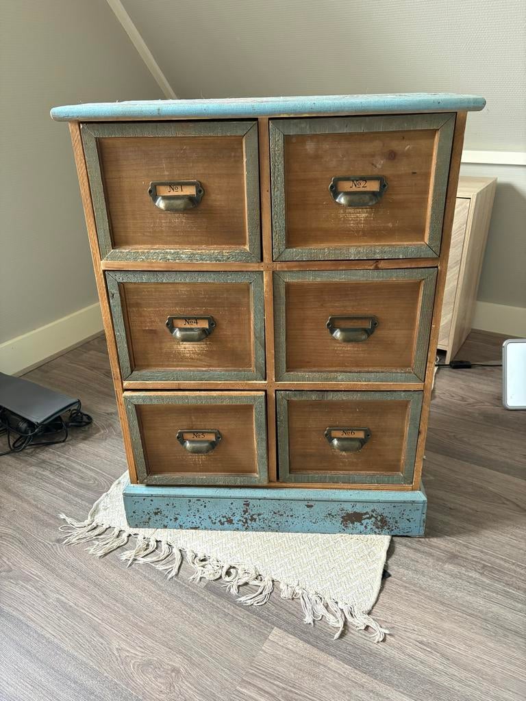 Vintage ladekastje met 6 laden - Brocante stijl, Huis en Inrichting, Kasten | Ladekasten, Ophalen, Minder dan 50 cm, Gebruikt