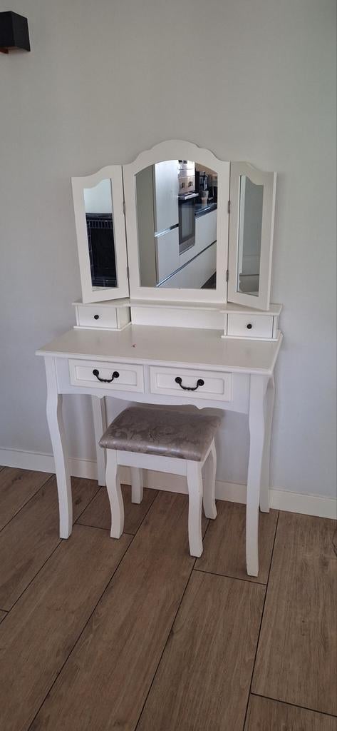 Witte kaptafel met spiegel en krukje, Gebruikt, Minder dan 100 cm, Klassiek, Romantisch, Hout