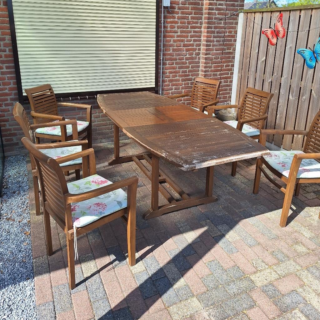 Tuintafel met 6 stoelen en kussens - Bois le Duc - hout, Tuin en Terras, Ophalen, Gebruikt, 6 zitplaatsen, Teakhout