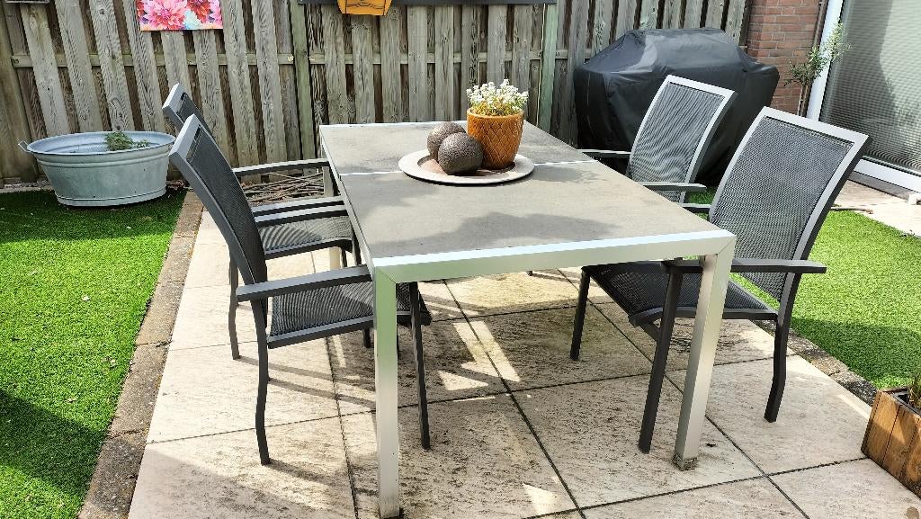 Tuinset + 4 bijpassende Stoelen, Ophalen, Gebruikt, Rechthoekig, Aluminium