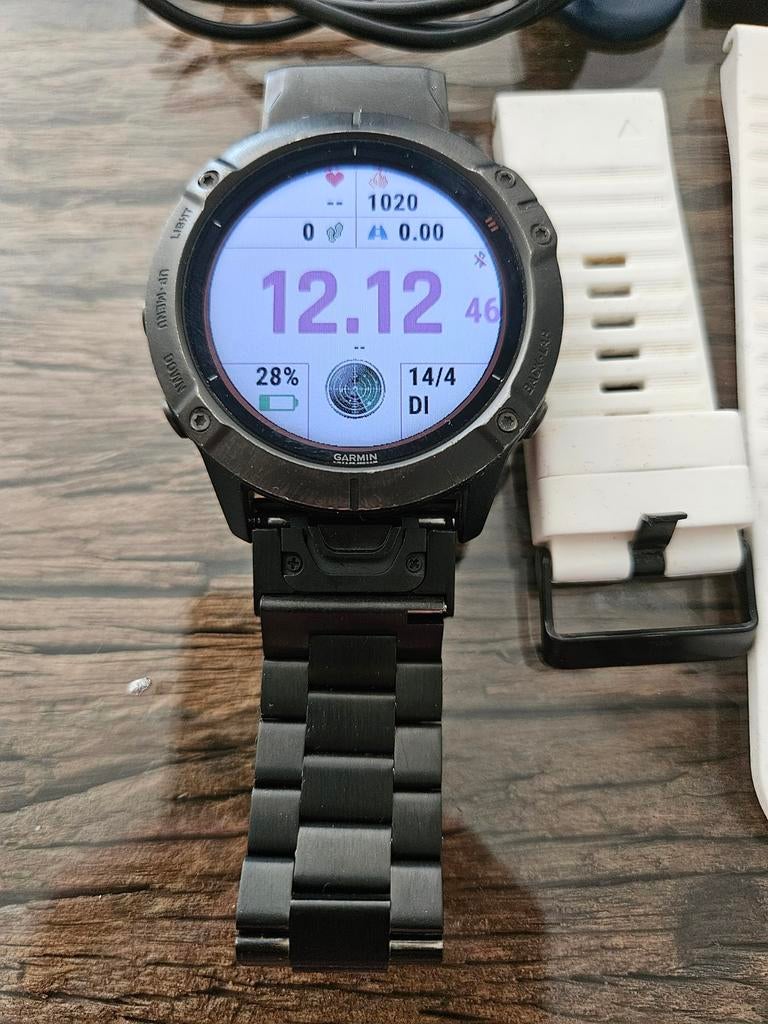 Garmin Fenix 6X Pro Solar Titanium – compleet + extra banden, Sieraden, Tassen en Uiterlijk, Sporthorloges, Zwart, Garmin, Ophalen of Verzenden