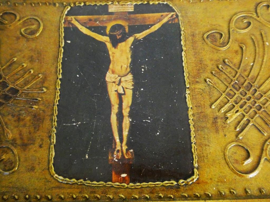 Oud Florentijns houten kistje met afbeelding icoon Jezus, Antiek en Kunst, Antiek | Religie, Ophalen of Verzenden