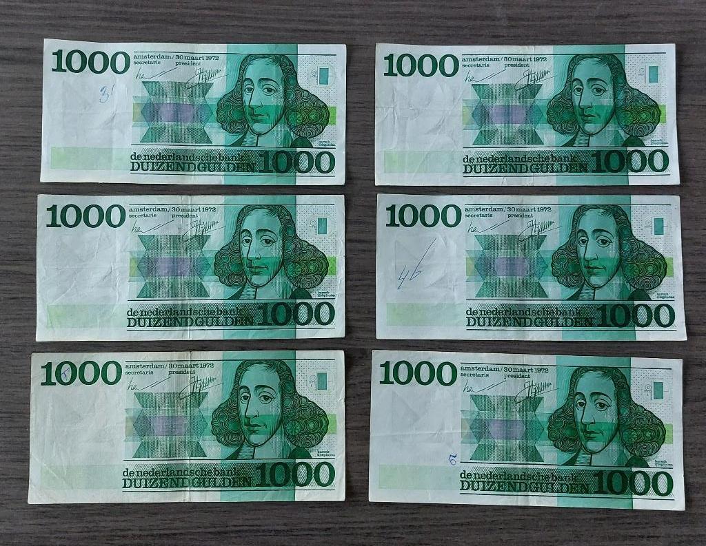 6 biljetten van 1000 gulden 1972 Spinoza voor 1795 euro, Ophalen of Verzenden, 1000 gulden