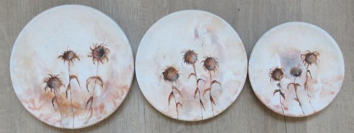 3 schilderijtjes Zonnebloemen herfst., Huis en Inrichting, Woonaccessoires | Overige, Zo goed als nieuw, Ophalen of Verzenden