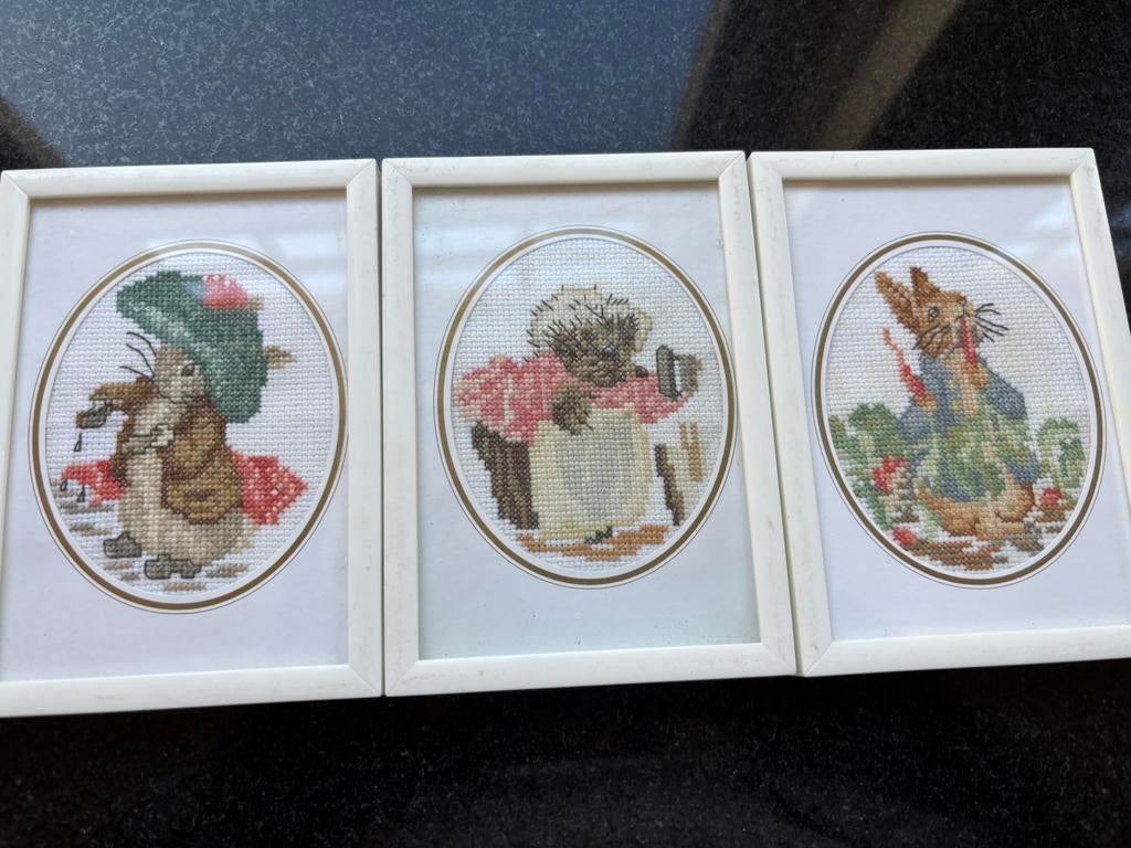 3 borduurwerkjes Beatrix Potter in een lijstje, Ophalen of Verzenden, Zo goed als nieuw, Overige typen