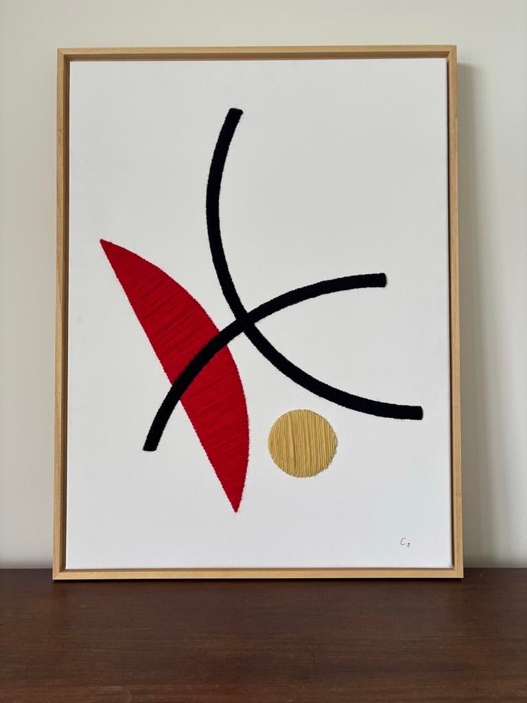 Handgemaakte Wol Kunst op Canvas - Abstract Rood & Zwart, Antiek en Kunst, Kunst | Schilderijen | Abstract, Ophalen of Verzenden