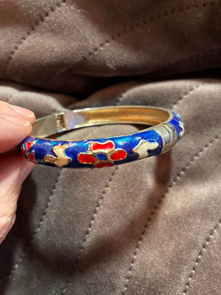 Vintage Emaille Bloemarmband - Cloisonné Dikke Armband, Ophalen of Verzenden, Gebruikt, Blauw, Overige materialen