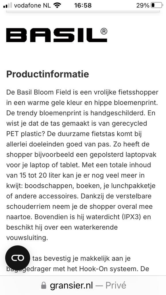Nieuwe Basil Bloom Field fietstas - Vrolijk en Duurzaam, Ophalen of Verzenden, Nieuw