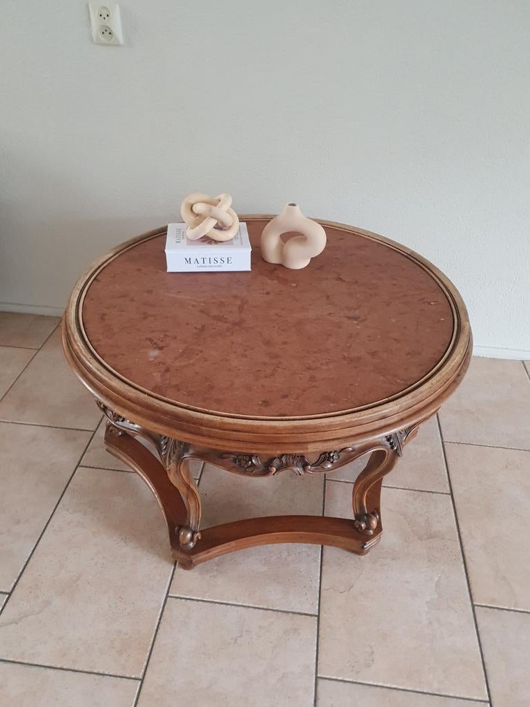 Antieke salontafel met marmeren blad en houtsnijwerk, Ophalen
