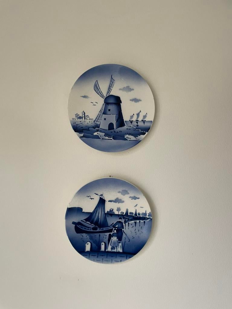 Antieke blauwe bordjes met molen en boot., Ophalen of Verzenden